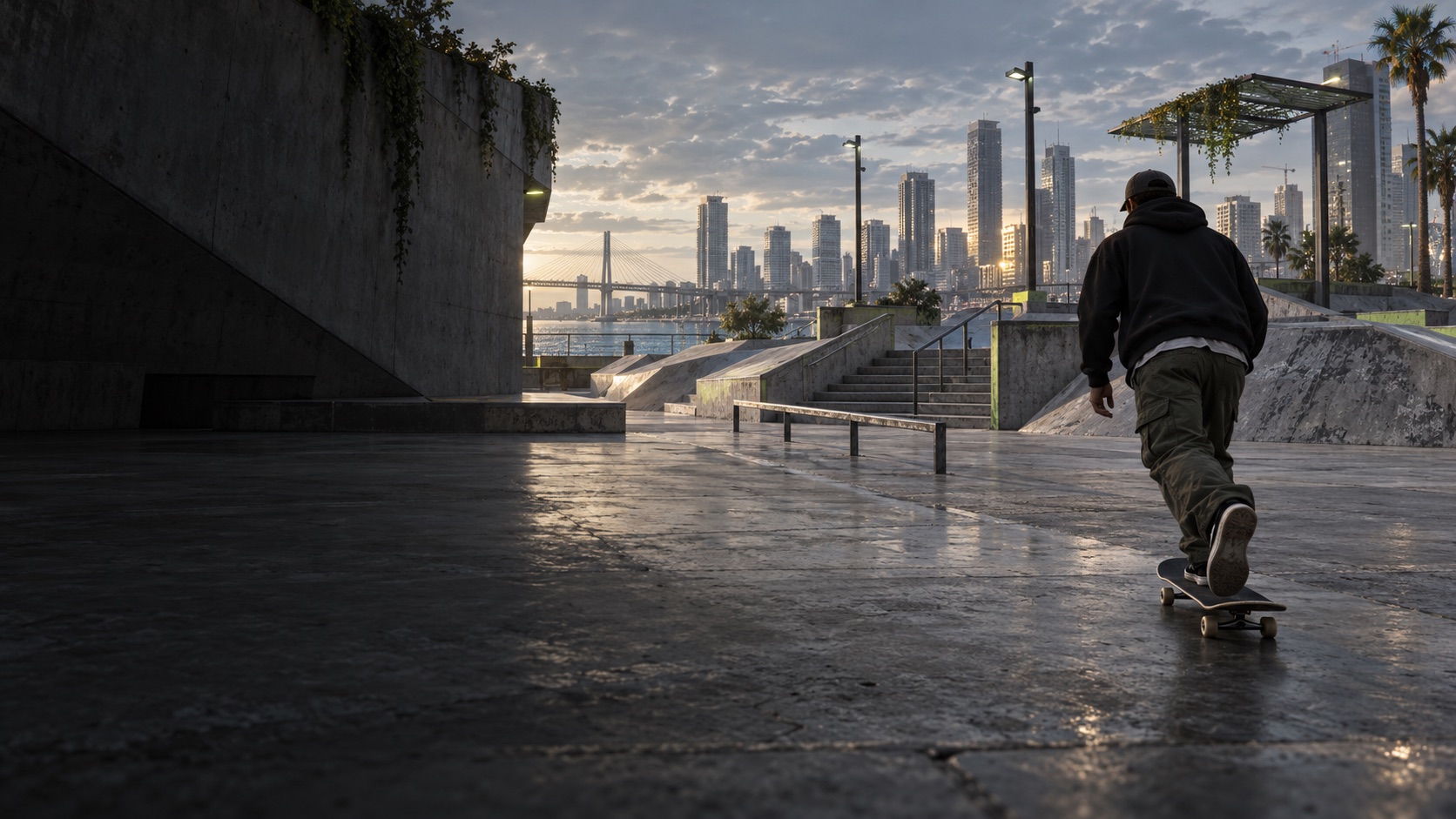 Original AI-generated concept art of a skater in a waterfront skate plaza; not a game screenshot